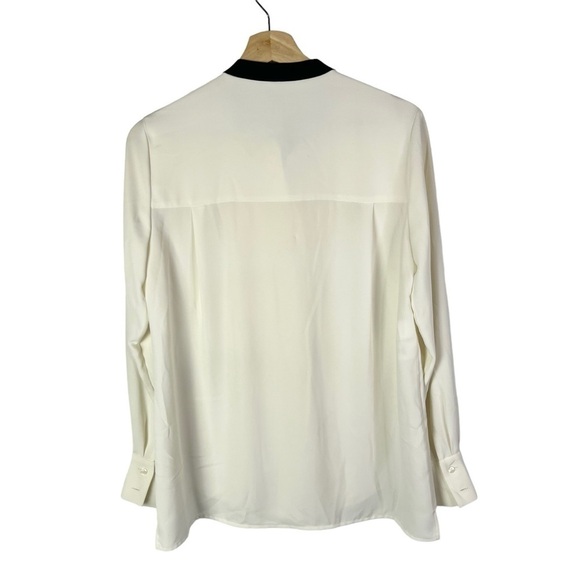 Anne Klein Cream Pleated Black Tie Neck Long Sleeve Button Down 4 - Picture 3 of 6